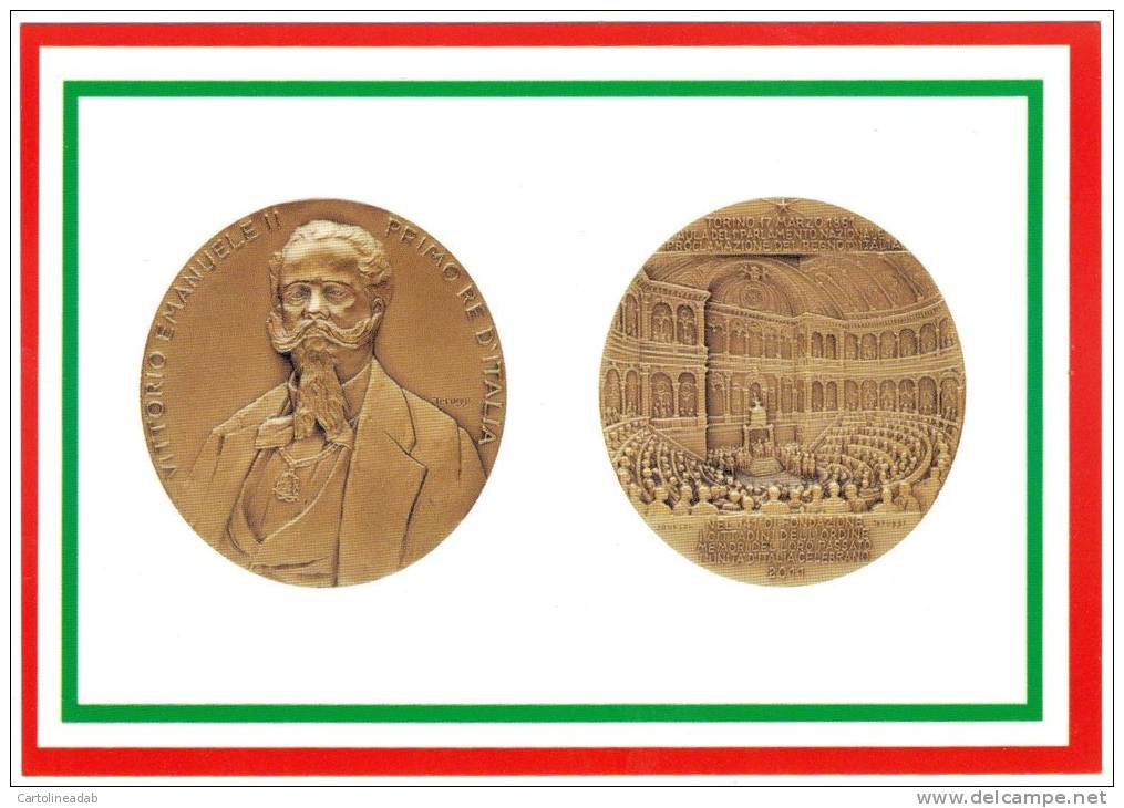 [DC1654]  CARTOLINEA - DI MEDAGLIA IN MEDAGLIA - VITTORIO EMANUELE II - 150° ANNIVERSARIO DEL REGNO D´ITALIA - Monete (rappresentazioni)