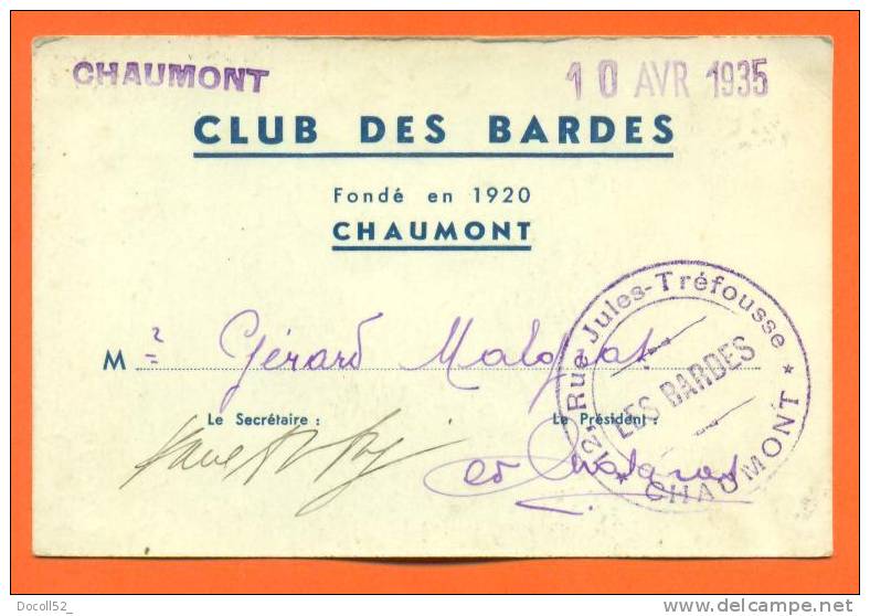 Dpt  52  Chaumont  "  Club Des Bardes  " Tampons Chaumont 1935 - Cartes De Visite