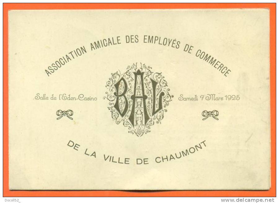 Dpt  52  Chaumont  "  Carte De Bal Employes De Commerce De Chaumont 07/03/1925  " - Visiting Cards