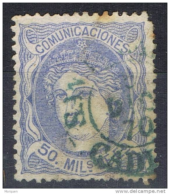 Sello 50 Mils Alegoria 1870, Fechador Tipo I En Azul SAN FERNANDO (cadiz), Num 107 º - Usati
