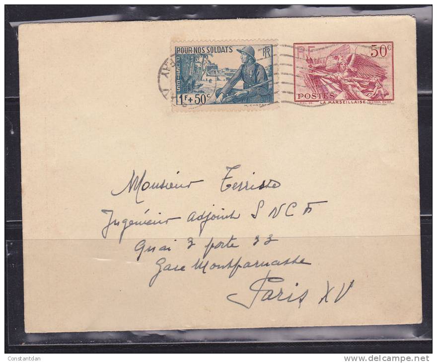 FRANCE ENTIER POSTAL ENVELOPPE 50C LA MARSEILLAISE AVEC COMPLEMENT D'AFFRANCHISSEMENT OBL - Standard Covers & Stamped On Demand (before 1995)