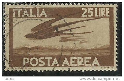 ITALIA REPUBBLICA ITALY REPUBLIC 1947 1955 DEMOCRATICA POSTA AEREA AIR MAIL COLORE CAMBIATO LIRE 25 BRUNO USATO USED - Luchtpost