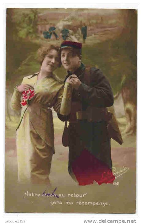 FANTAISIE COUPLE SOLDAT  MILITARIA Patriotique Guerre 14/18 :  Notre Union Au Retour Sera ...  Carte La Pensée - Patriotiques