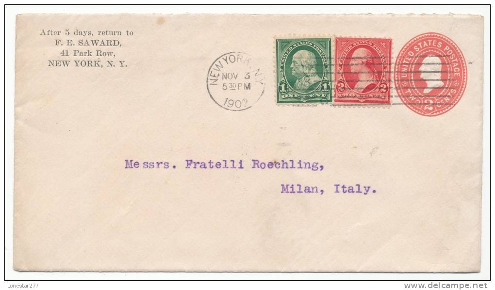 USA STAMPED ENVELOPE # U362 UPRATED TO ITALY (1902) - 1901-20