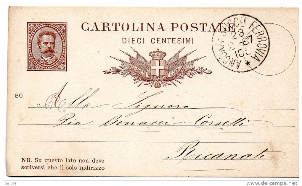 1887 CARTOLINA CON ANNULLO ANCONA FERROVIA - Interi Postali