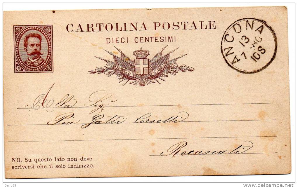 1880 CARTOLINA CON ANNULLO ANCONA - Interi Postali