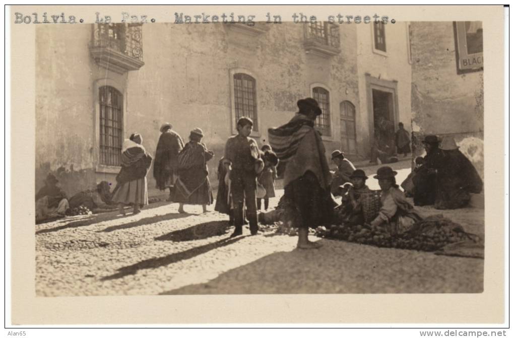 La Paz Bolivia, Street Scene Market Natives C1940s Vintage Real Photo Postcard - Bolivia