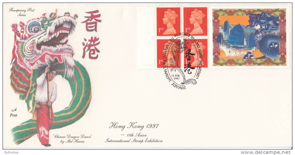 Great Britain FDC Scott #MH288 Booklet Pane Of 4 With Label At Right Commemorating Transfer Of Hong Kong - 1991-2000 Decimal Issues