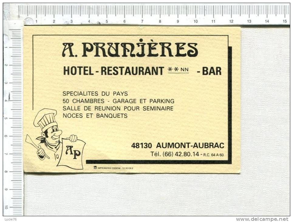 Cartonnette Publicitaire -  A. PRUNIERES  -  Hôtel - Restaurant -   Bar  -  AUMONT AUBRAC - Paperboard Signs