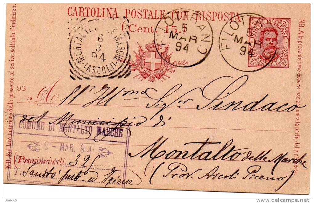 1894 CARTOLINA CON ANNULLO FILOTTRANO   ANCONA - Stamped Stationery