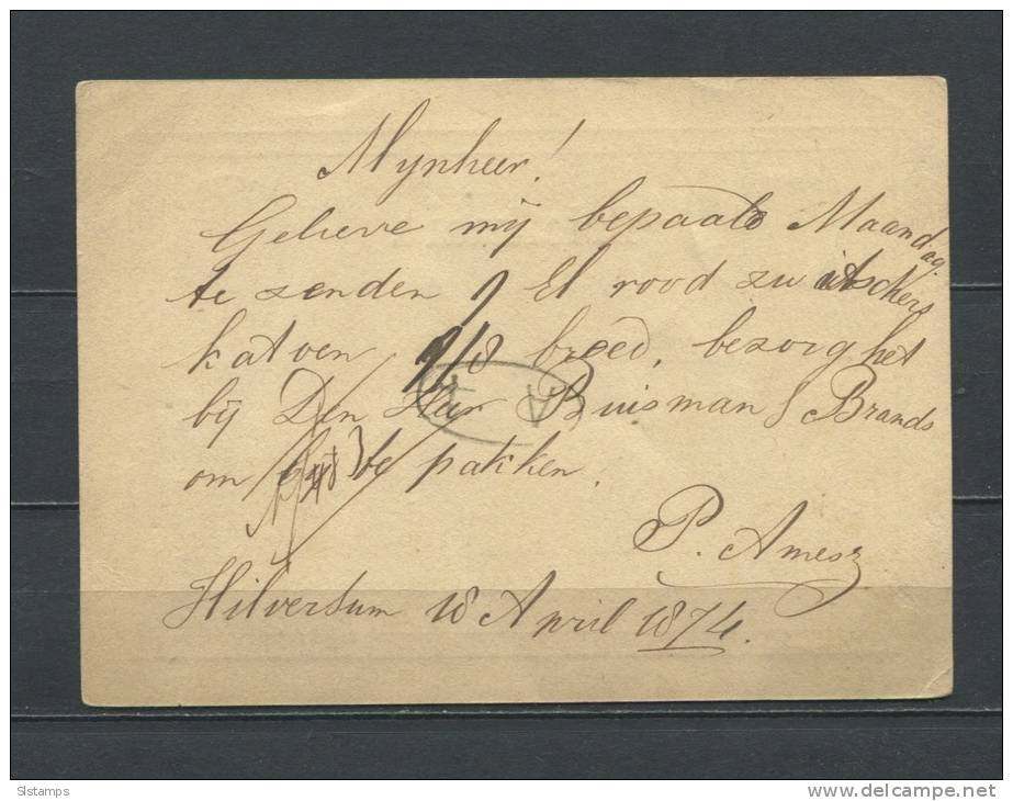 Netherlands 1874 Postal Stationary Card  (Briefkaart) To Amsterdsm - Postal Stationery