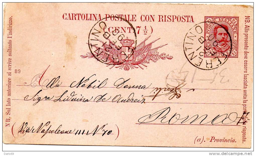 1890  CARTOLINA CON ANNULLO FERENTINO FROSINONE - Stamped Stationery