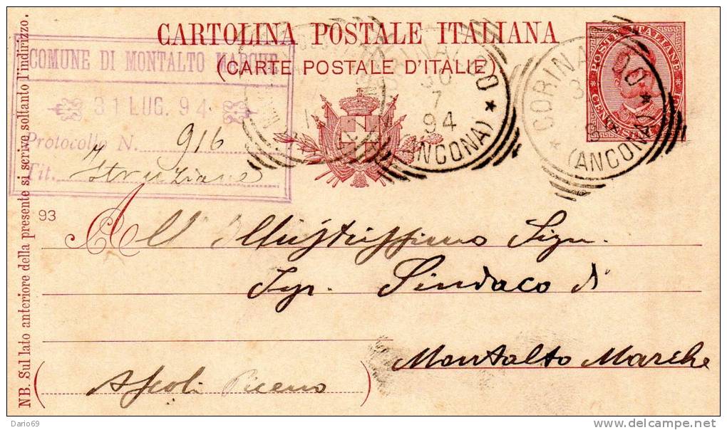 1894  CARTOLINA CON ANNULLO CORINALDO ANCONA - Interi Postali