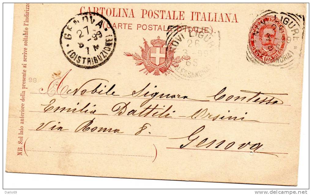 1899   CARTOLINA CON ANNULLO NOVI LIGURE ALESSANDRIA - Stamped Stationery