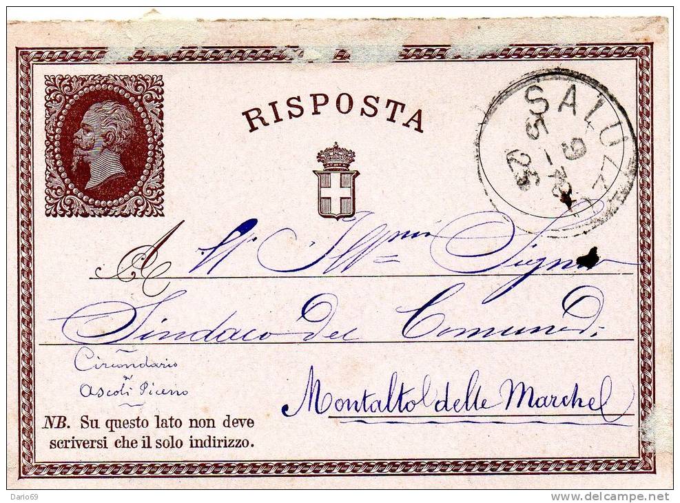 1878  CARTOLINA CON ANNULLO SALUZZO  CUNEO - Interi Postali