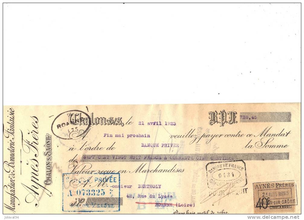 Lettre Change 1923 AYNES Bonneterie Fantaisie CHALON Sur SAÔNE Pour Roanne Loire - Timbre Fiscal - Lettres De Change