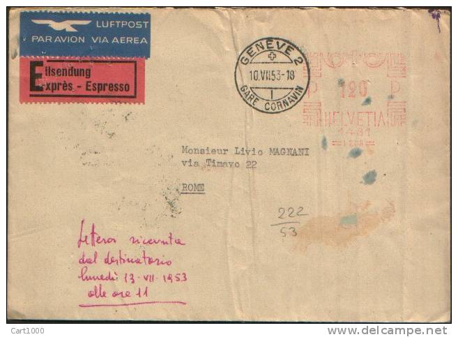 1953 AFFRANCHISEMENT MECANIQUE GENEVE 2 GARE CORNAVIN X ROMA EXPRES - Postage Meters