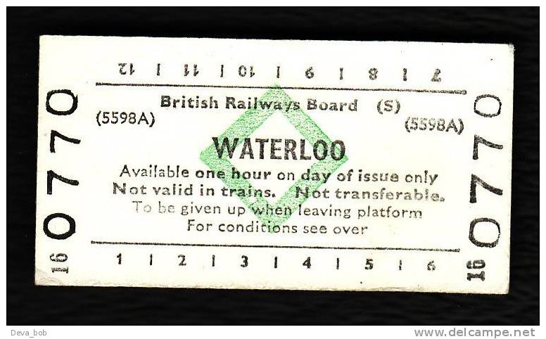 Railway Platform Ticket London WATERLOO BRB(S) Green Diamond Edmondson - Europe