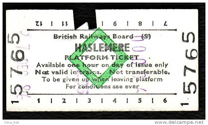 Railway Platform Ticket HASLEMERE BRB(S) Green Diamond Edmondson - Europe