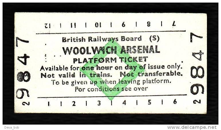Railway Platform Ticket WOOLWICH ARSENAL BRB(S) Green Diamond Edmondson - Europa