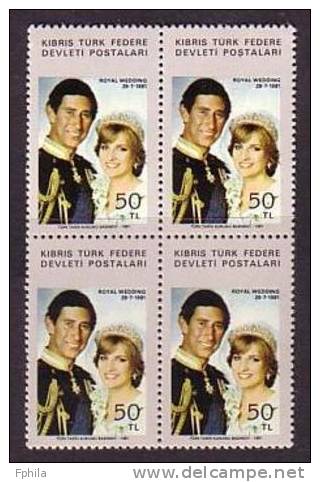 1981 NORTH CYPRUS THE WEDDING OF PRINCE CHARLES AND LADY DIANA BLOCK OF 4 MNH ** - Neufs