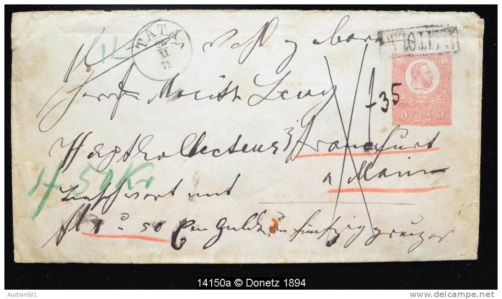 14150 Moneyletter 50 Florint, Franco 35x, Allitolag TATA Vers Francfort, 5 Sceaux Au Revers 26/11/1871 - Entiers Postaux