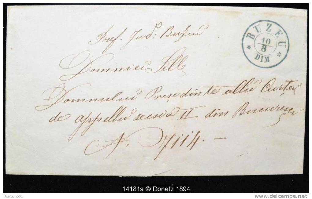 14181 Buzeu Vers Bucarest, Beau Cachet En Bleu,10/08 - ...-1858 Préphilatélie