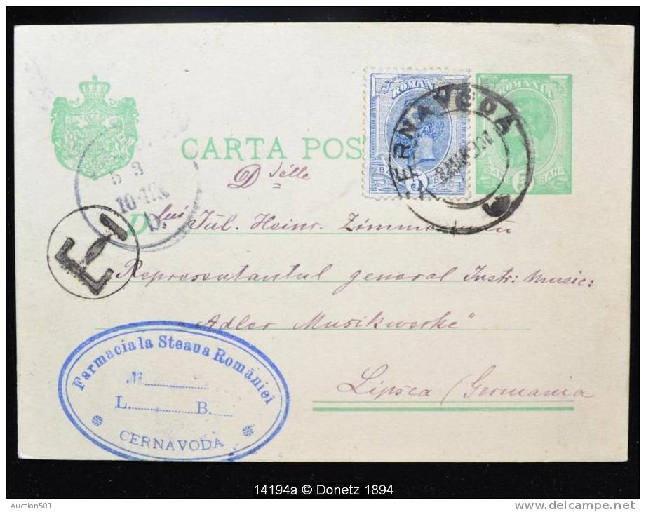 14194 Entier Postale Surchargé D´un Timbre Cernavoda Vers Lipsca (Allemagne), Marque "T" 03/03/1901 - Storia Postale