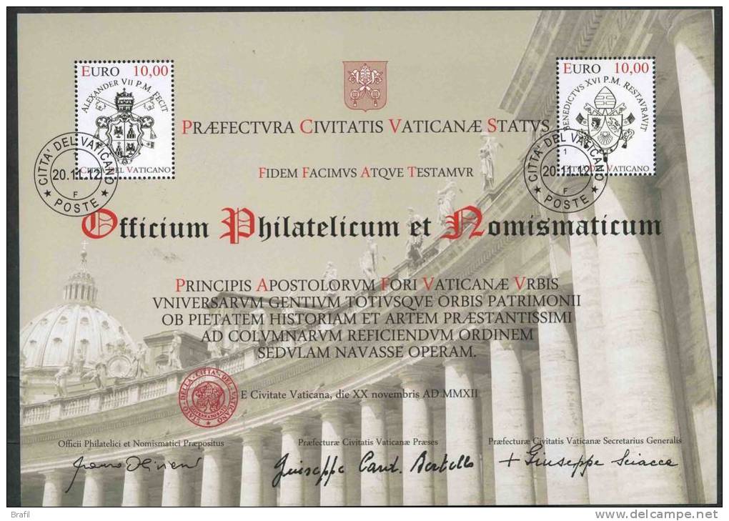 2012 Vaticano, Certificato Filatelico Restauro Colonnato San Pietro Foglietto , Serie Completa Usata - Used Stamps