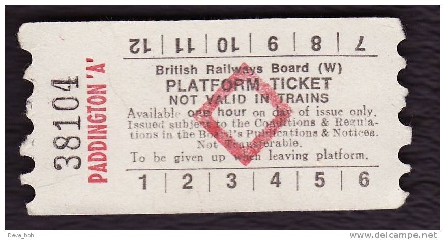 Railway Platform Ticket PADDINGTON 'A' BRB(W) Red Diamond AA - Europe