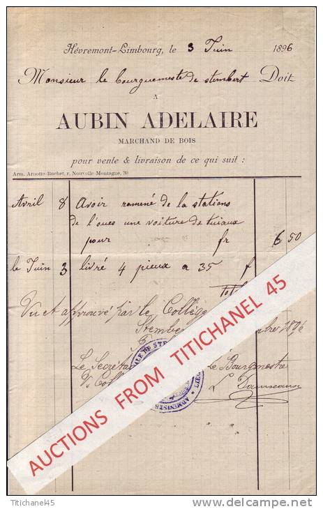 Facture 1896 - HEVREMONT-LIMBOURG - AUBIN ADELAIRE - Marchand De Bois - Autres & Non Classés