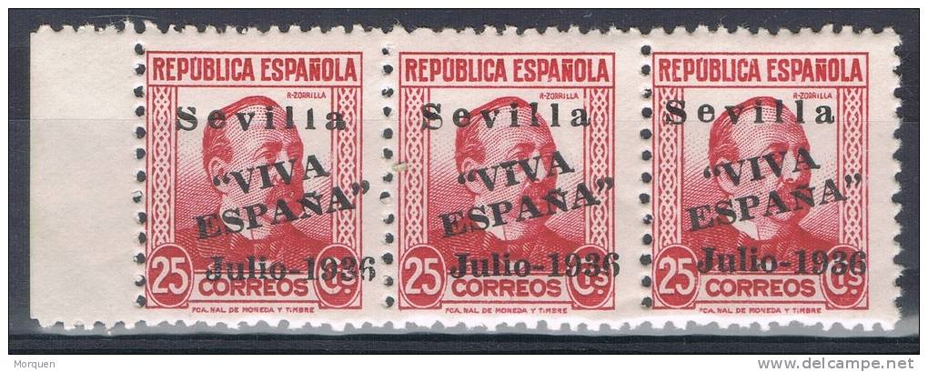 Tira De 3, 25 Cts Zorrilla, Sobrecarga Patriotica SEVILLA, Num 24 º - Nationalist Issues