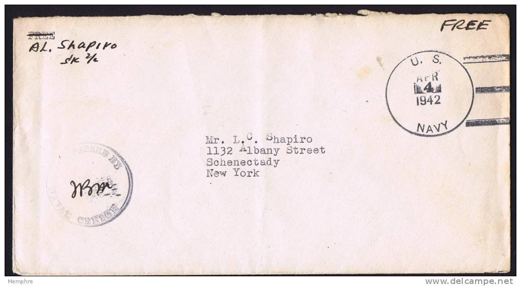 1942 Free Mail  U.S.Navy Cancel  Censored - Lettres & Documents