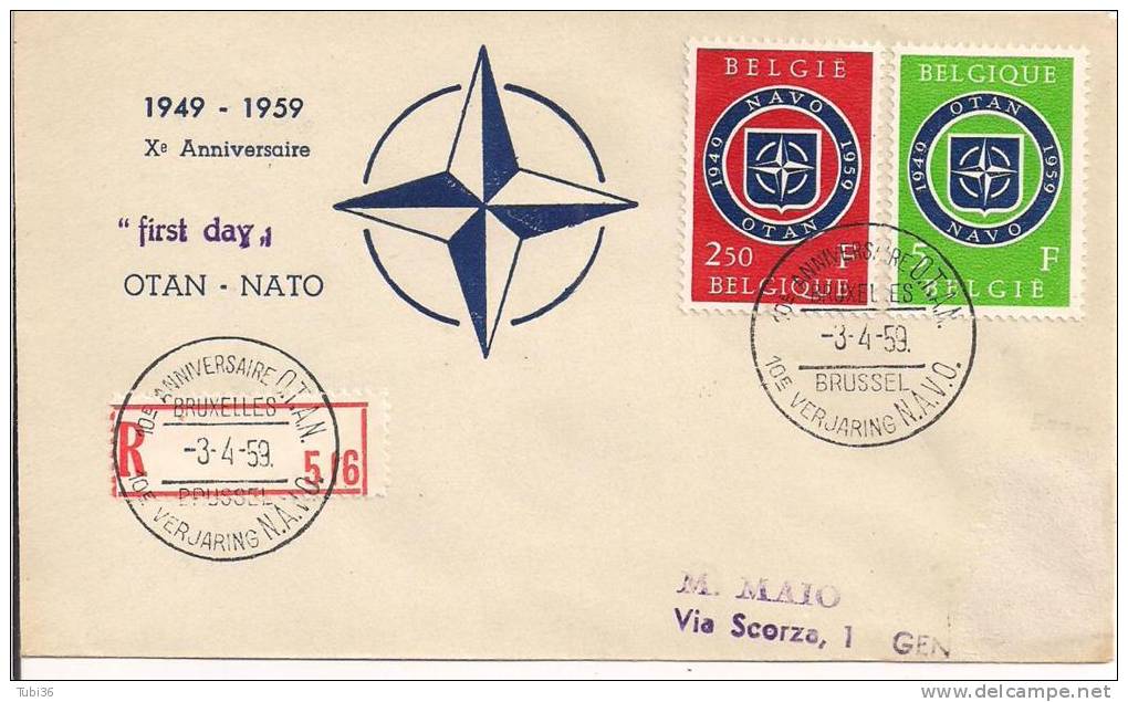 NATO, BELGIE, X ANNIVERSARIO NATO   1949-1959, ANNULLO SPECIALE FIGURATO SU EMISSIONE  NATO , RACCOMANDATA  3/4/1959, - NATO