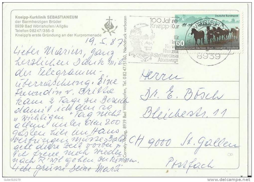 GERMANY 1987- POSTCARD – BAD WORISHOFEN /ALLGAU – KNEIPP-KURKLINIK SEBASTIANEUM  DER BARMHERZINGEN BRUDER  FLOWN W 1 ST - Bad Woerishofen