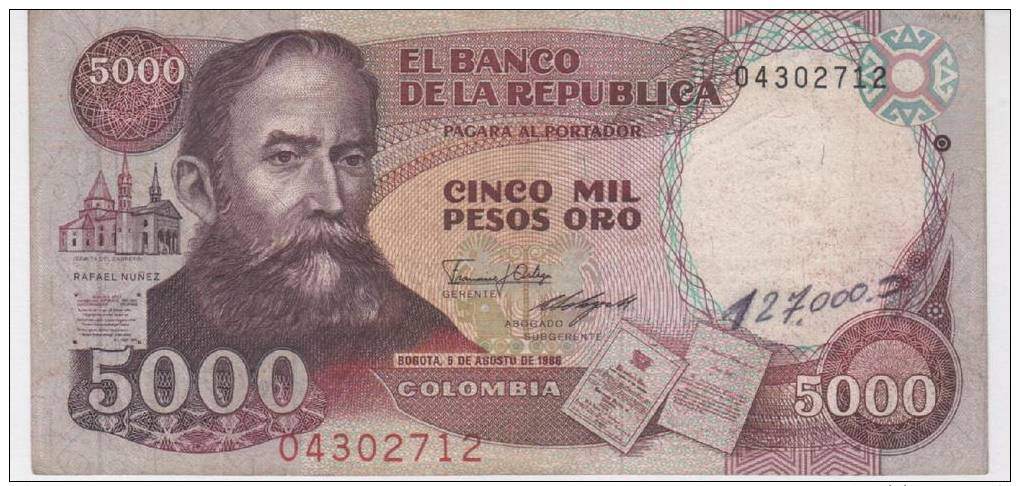 Colombia , 5000 Pesos , 1986 , (VF). - Colombia
