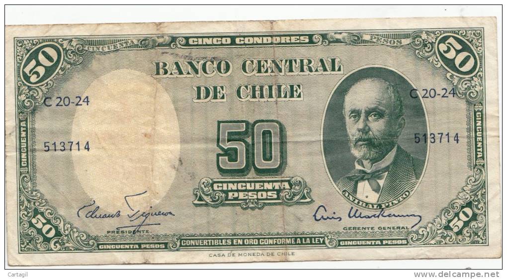 Billets -  B750 - Chili  - Billet   50 Pesos ( Type, Nature, Valeur, état... Voir 2 Scans)-Envoi Gratuit - Cile