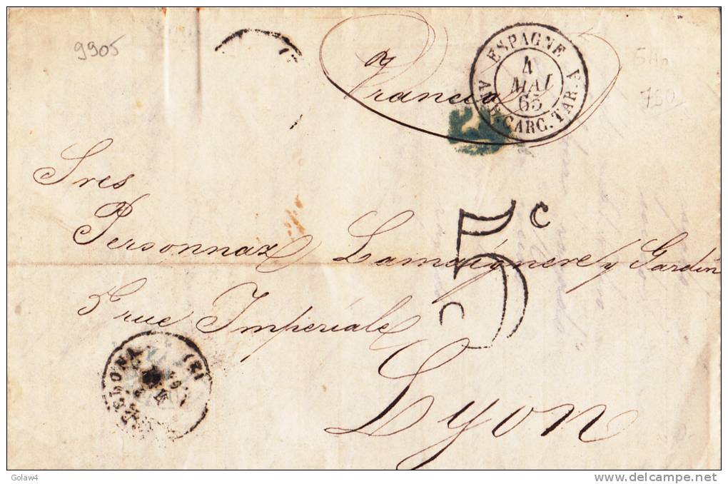 9905# LETTRE BARCELONA TAXE 5c ESPAGNE AMB CARC. TAR. A 1865 Pour LYON RHONE CARCASSONNE TARASCON BARCELONE - 1849-1876: Période Classique