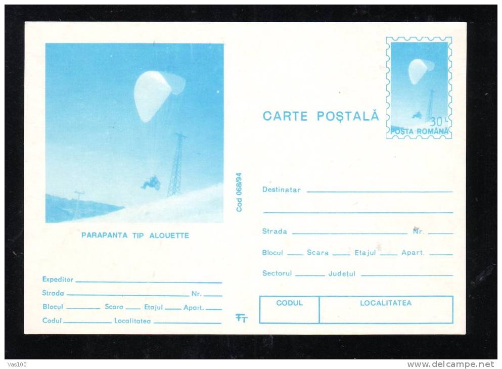 SKYDIVING, PARACHUTISME, POSTCARD STATIONERY, ENTIERE POSTAUX, UNUSED, 1994, ROMANIA - Parachutisme