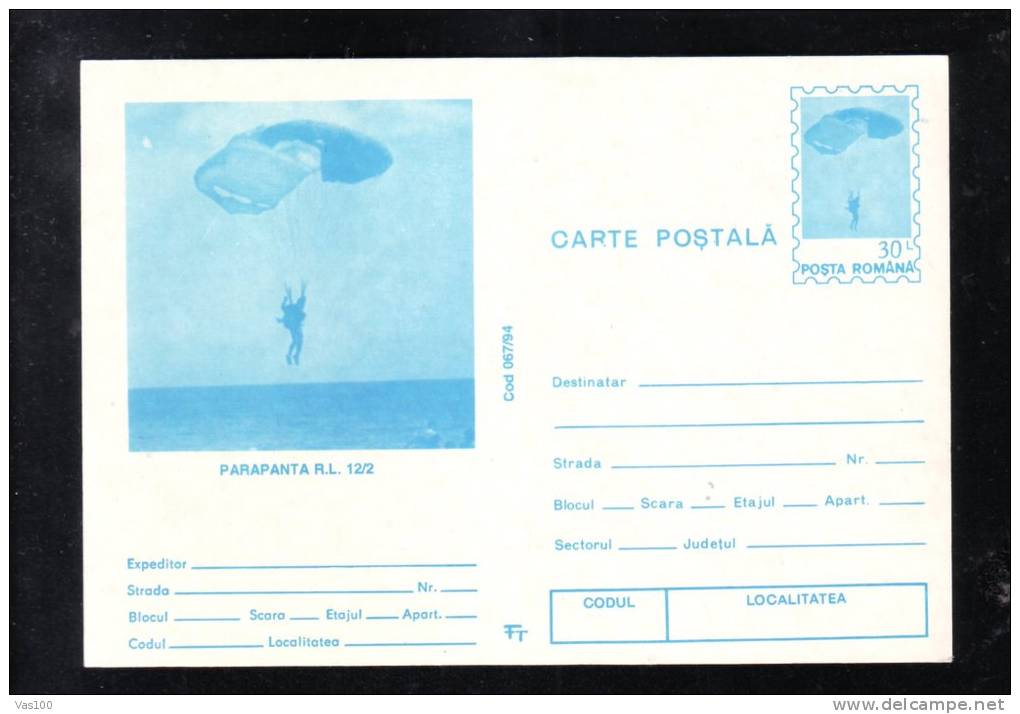 SKYDIVING, PARACHUTISME, POSTCARD STATIONERY, ENTIERE POSTAUX, UNUSED, 1994, ROMANIA - Parachutespringen