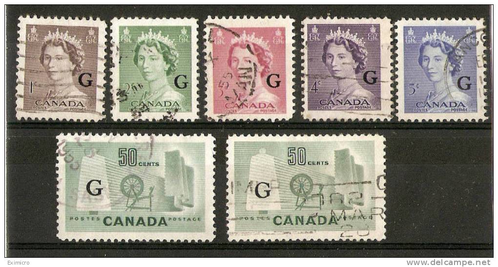 CANADA 1953 - 1961  'G'. OVERPRINTS SET OF 7 STAMPS SG 0196/0201a FINE USED Cat £13 - Overprinted