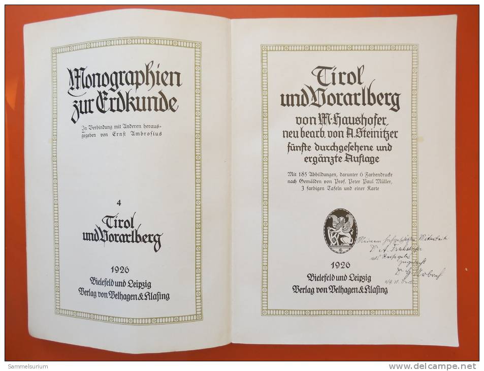 Max Haushofer "Tirol Und Vorarlberg" Aus Der Reihe Monographien Zur Erdkunde Von 1926 - Oesterreich