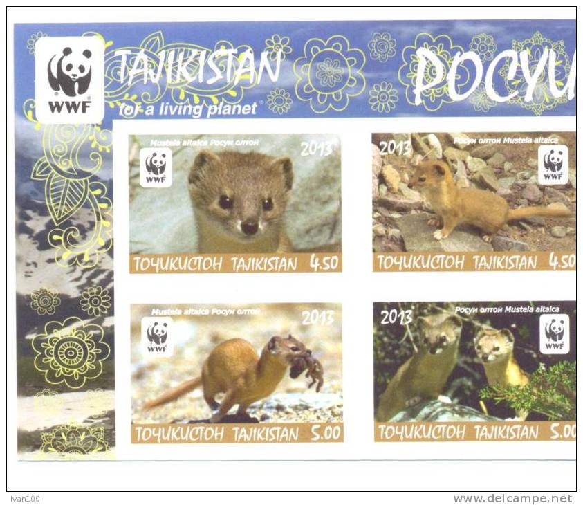 2013. Tajikistan, WWF, Altay Weasel, 4v IMPERFORATED Se-tenant, Mint/** - Tajikistan