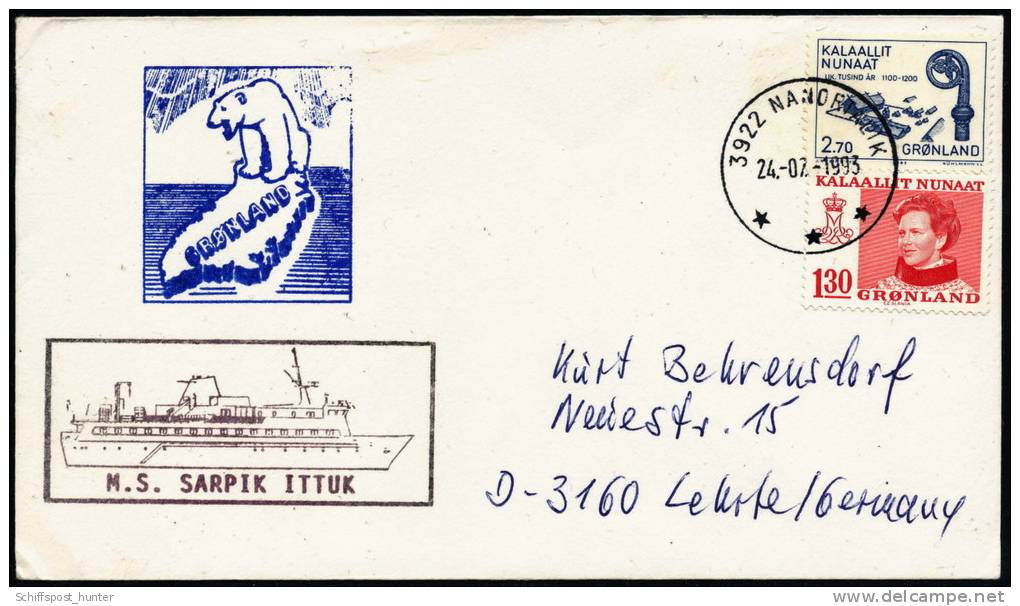 ARCTIC, GREENLAND, Nanortalik 24.7.1933, Cachets:  MS"SARPIK ITTUK" + Icebear  !! - Navires & Brise-glace