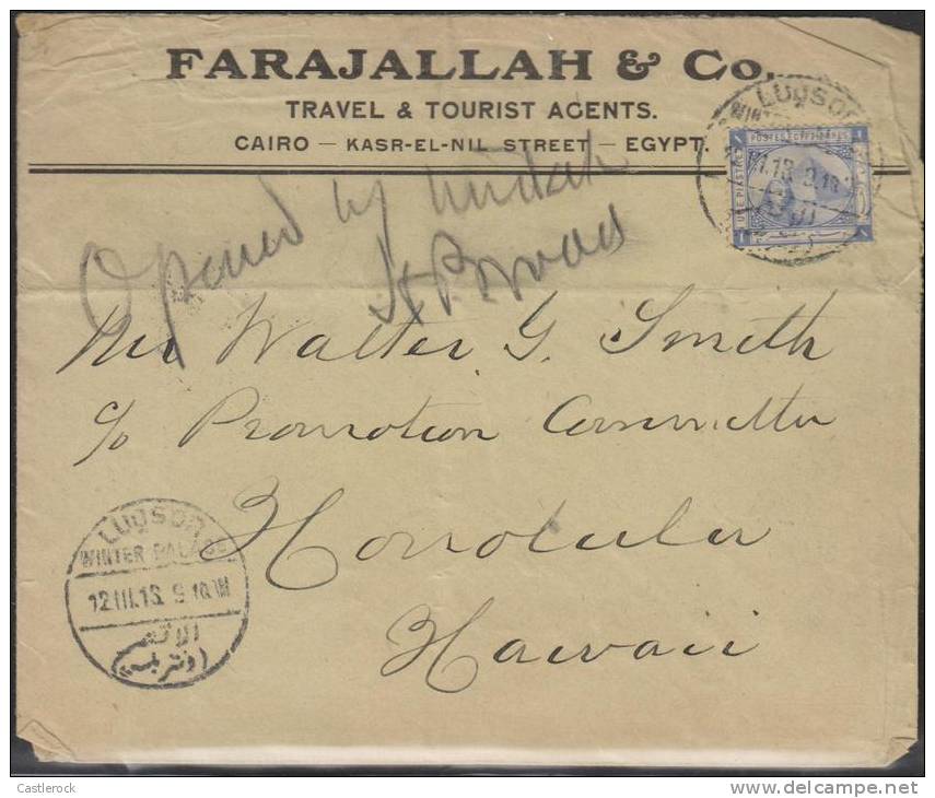 G)1913 EGYPT, SPHINX-PYRAMID, COMERCIAL COVER “FARAJALLAH & CO” CIRCULATED TO HONOLULU, HAWAII-RARE DESTINATION, XF - 1866-1914 Khédivat D'Égypte