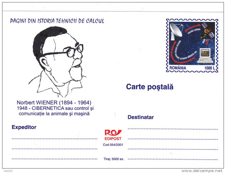 NORBERT WIENER CYBERNETICS,POSTCARD STATIONARY UNUSED,DELUX EDITION TIRAJ ONLY 5000, 2001,ROMANIA - Informatique