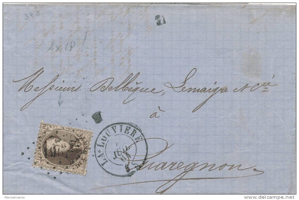 252DT - RARISSIME Lettre TP Médaillon Annulé Par 2 Losanges De Points - Départ 204 LA LOUVIERE Et Arrivée 196 JEMAPPES - 1863-1864 Medaillons (13/16)