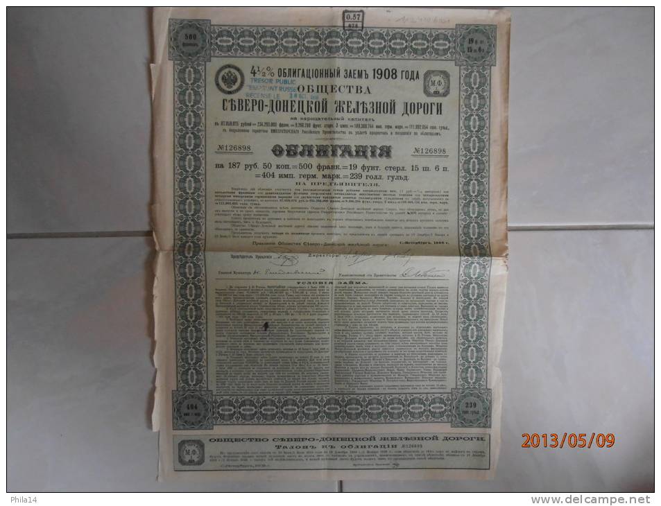 OBLIGATION 4,5 % 187 ROUBLES COMPAGNIE CHEMIN DE FER DU NORD DONETZ 1908 - Chemin De Fer & Tramway