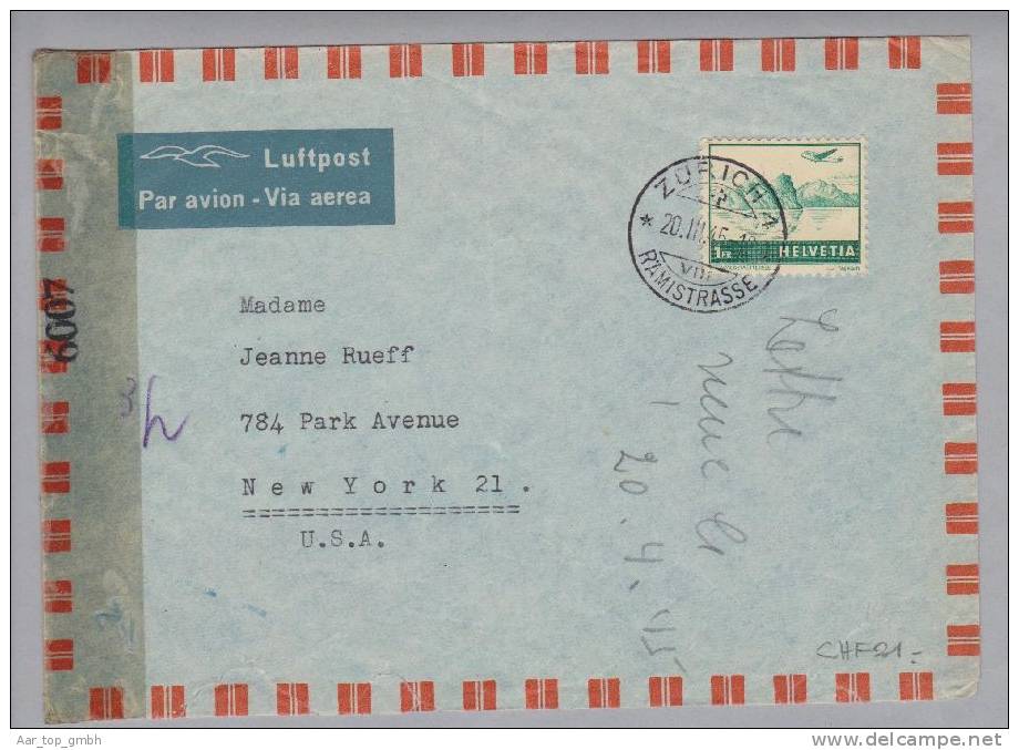 Schweiz Flugpost 1945-03-20 Zürich4 Zensurbrief Nach New York 1Fr. Grün - Sonstige & Ohne Zuordnung