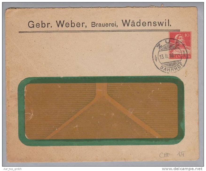 Motiv Bier CH-Privatganzsache 1918-02-13 Zug Gebr.Weber Brauerei Wädenswil 10Rp.Tellbrust Rot - Bières